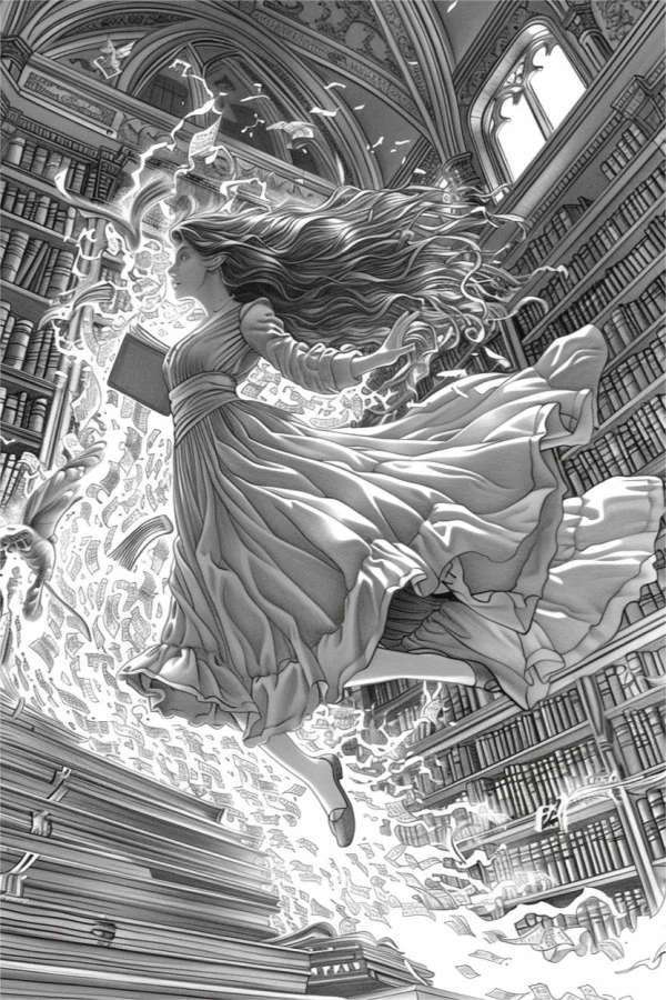 Magical girl in long dress floating in a grand library, fantasy style — free printable library coloring book page