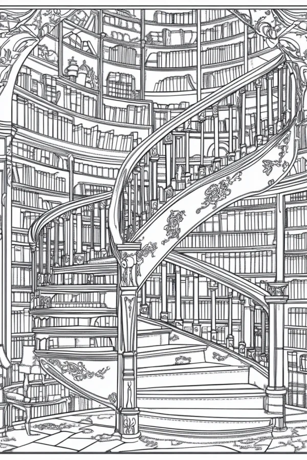 Grand library with spiral staircase and full bookshelves, realistic line art style — free printable library coloring book page
