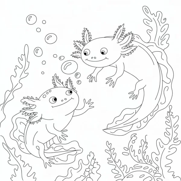 Two smiling axolotls, cartoon style — free printable amphibians coloring book page
