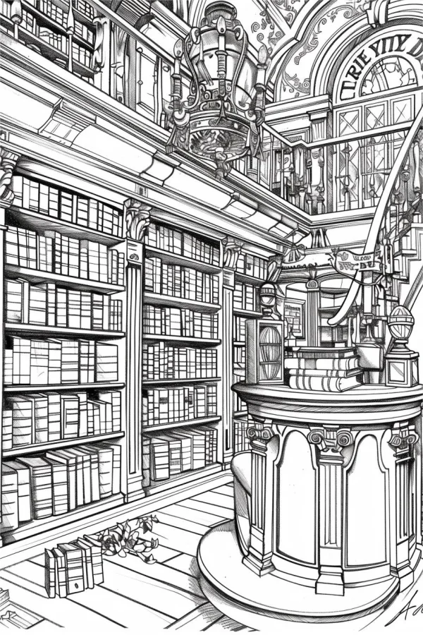 Coloring book page, vintage library interior scene — free printable library coloring book page