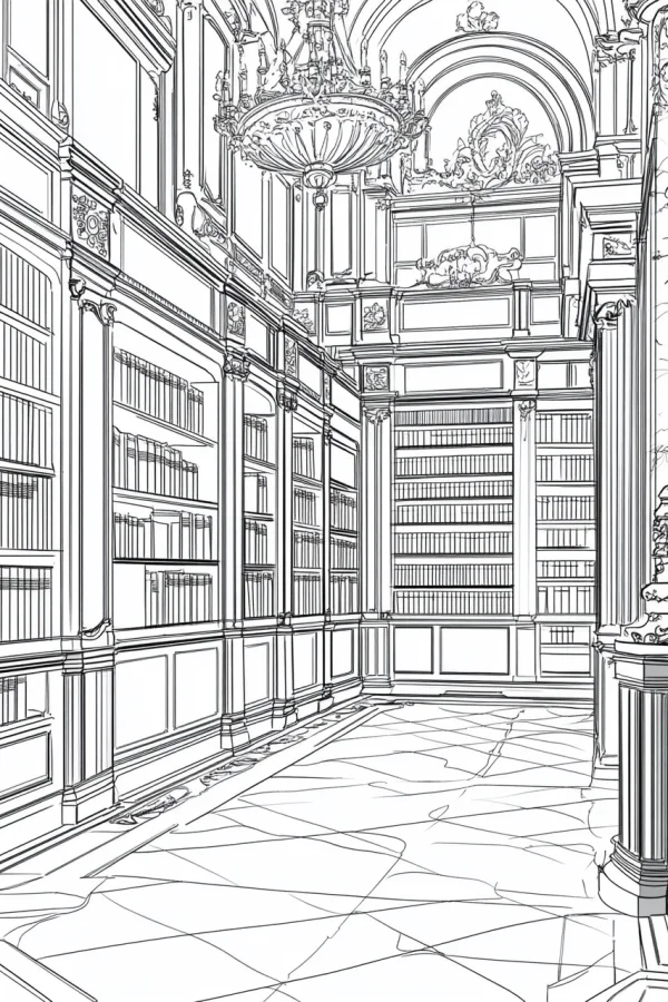Classic library interior scene, baroque style — free printable classical architecture coloring book page