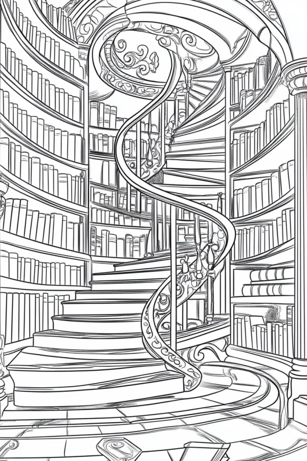 Fantasy library with ornate spiral staircase, detailed bookshelves filled with books — free printable library coloring book page