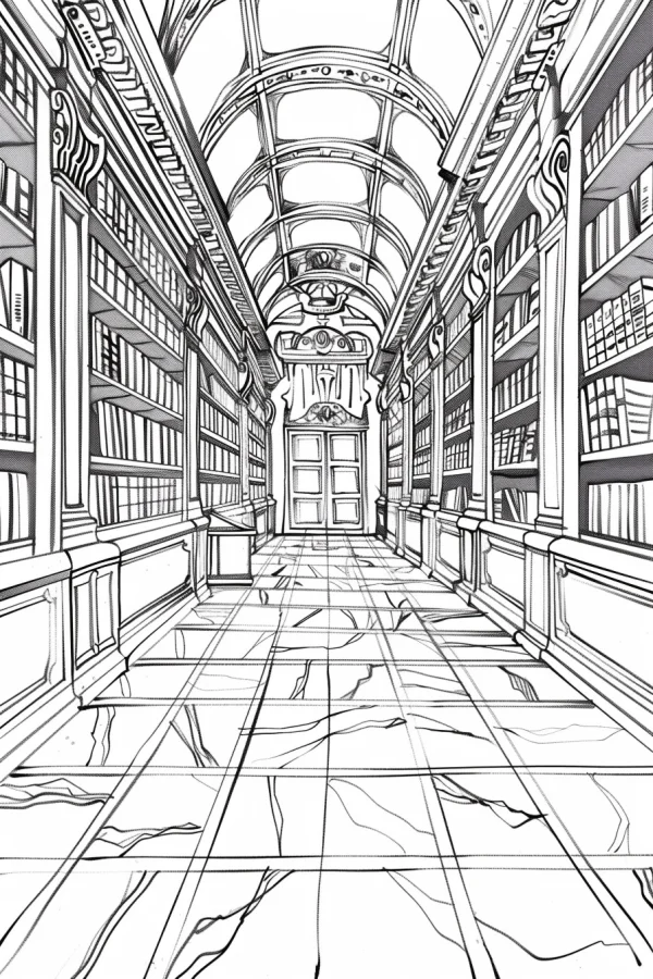 Classic library corridor with arched ceiling and full bookshelves, realistic classic architectural style — free printable library coloring book page