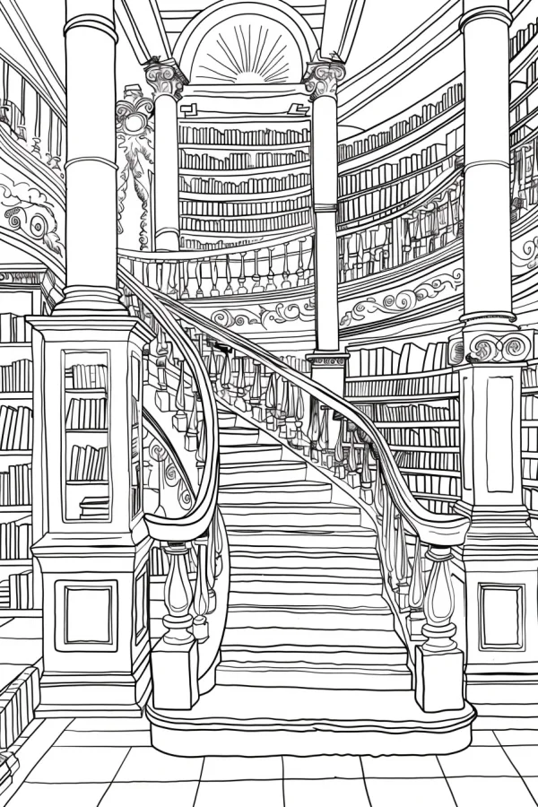 Vintage european library with spiral staircase, realistic line art — free printable library coloring book page