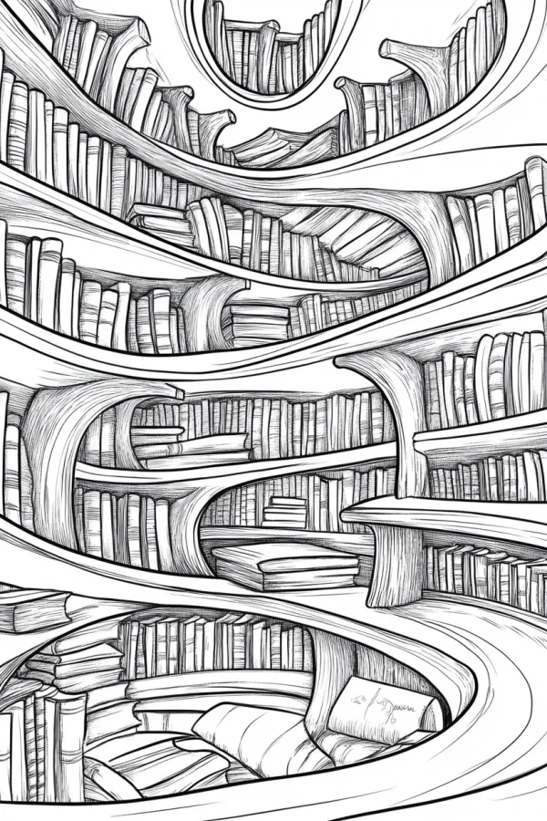 Coloring book page, surreal twisted library bookshelves filled with various books — free printable books coloring book page