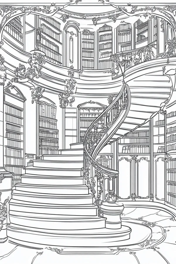Spiral staircase in a vintage classic library, intricate detailed bookcases with elaborate carved decorations — free printable library coloring book page