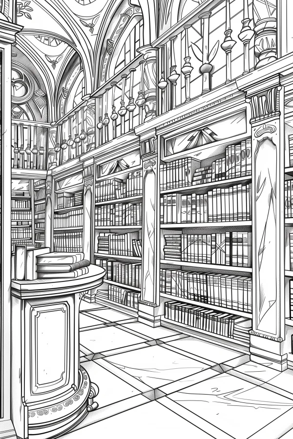 Vintage library interior scene, european classical style — free printable library coloring book page