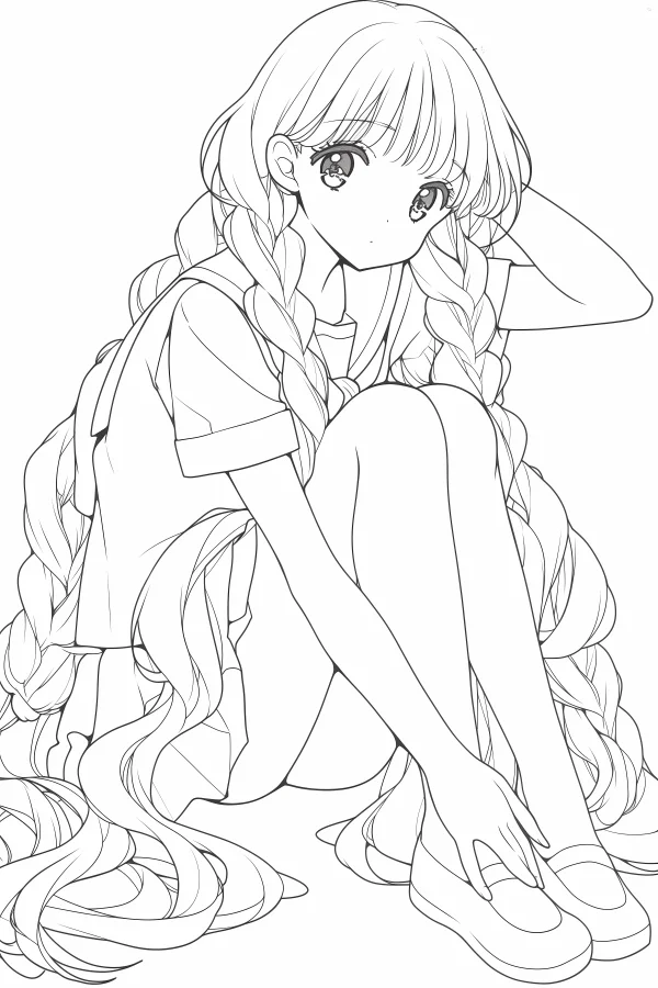 Cute anime school girl with multiple long braids, wearing sailor uniform — free printable coloring page