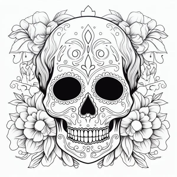 Day of the dead decorative sugar skull surrounded by peony flowers, mexican folk art style — free printable folk culture coloring book page