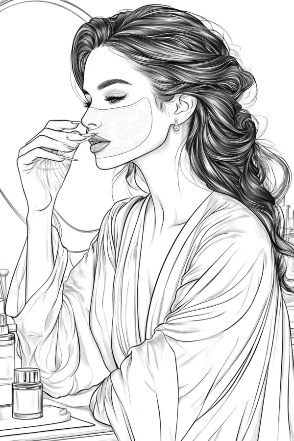 Elegant woman applying facial mask, realistic illustration style — free printable beauty care coloring book page