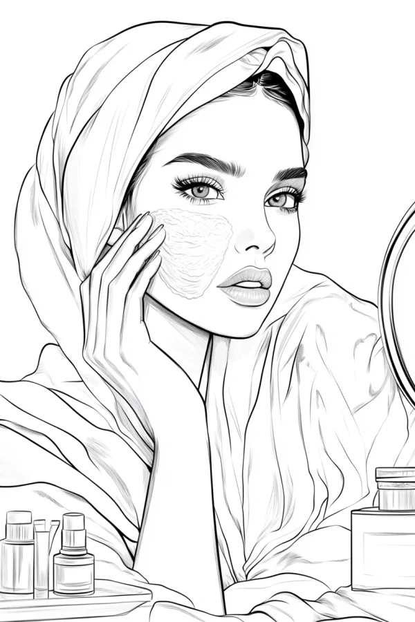 Woman applying facial mask with head wrap, realistic illustration style — free printable beauty care coloring book page