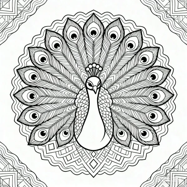 Mandala style peacock with detailed eye-shaped feather patterns, symmetrical intricate mandala decorative borders — free printable mandala art coloring book page