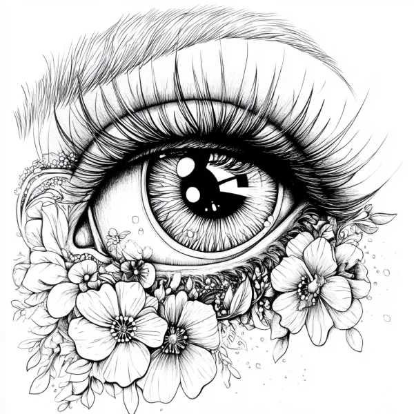 Delicate eye surrounded by flowers, realistic illustration style — free printable character theme coloring book page