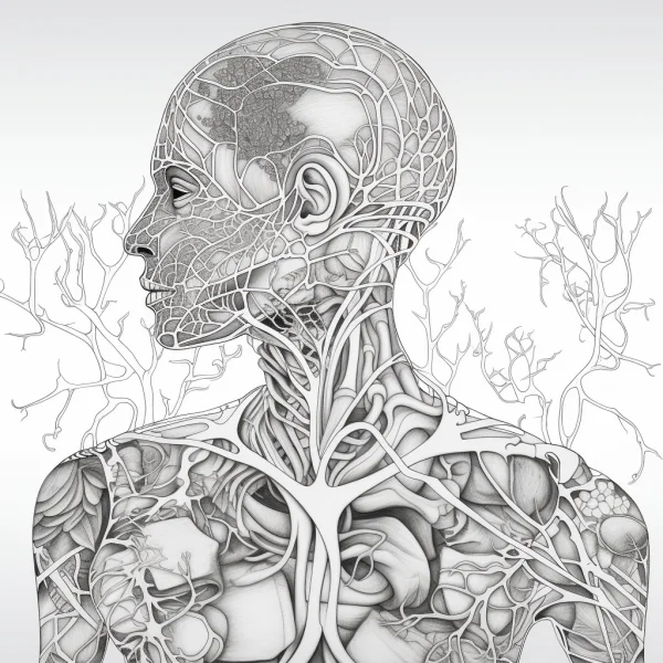 Human body with vascular and internal anatomical structure, realistic abstract sketch style — free printable biology coloring book page