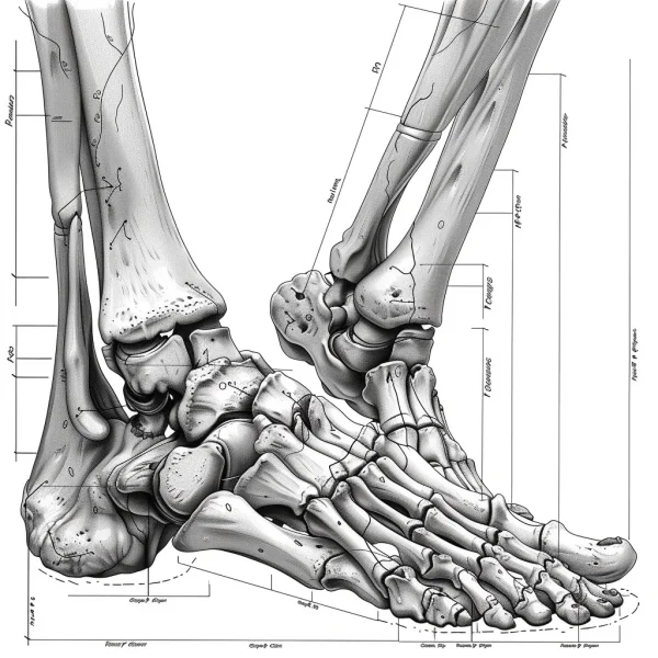 Coloring book page, anatomical line art of human foot and ankle skeletal structure — free printable medical anatomy coloring book page