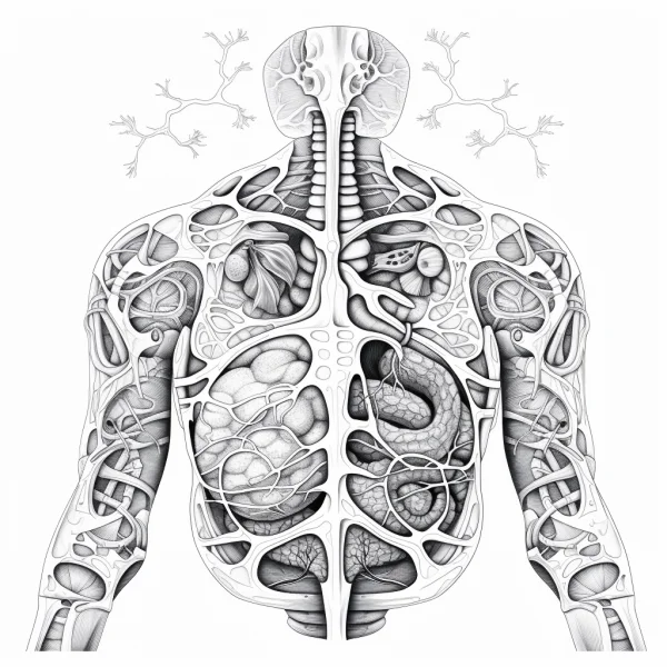 Human torso anatomical line art, medical illustration style — free printable science coloring book page