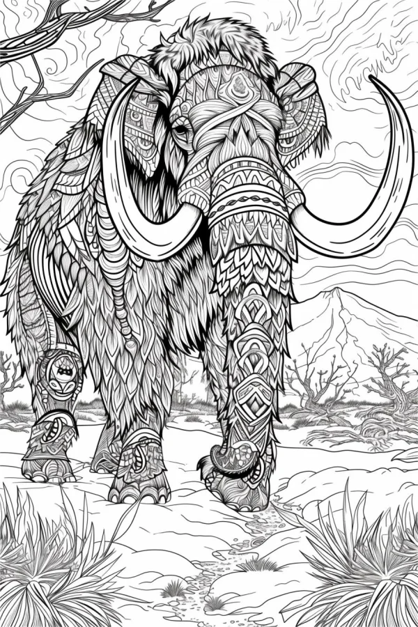 Woolly mammoth with intricate tribal patterns, tribal art style — free printable tribal culture coloring book page