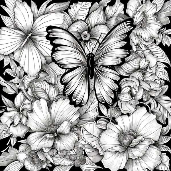 Butterfly surrounded by various detailed flowers, natural style — free coloring book page