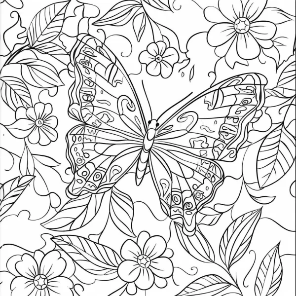 Butterfly with intricate decorative patterns, surrounded by flowers — free coloring book page