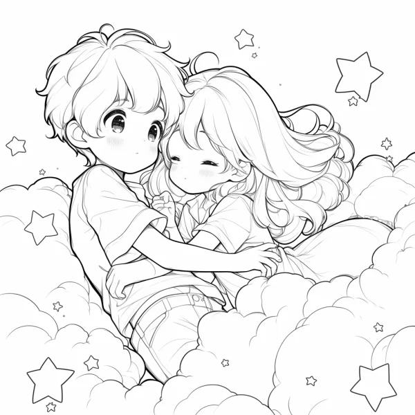 Hugging boy and girl, cartoon anime style — free printable coloring page