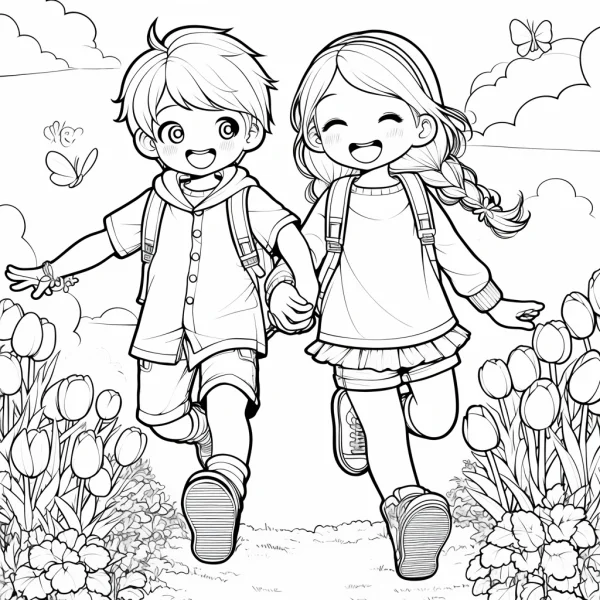 Cute boy and girl holding hands while running, cartoon style — free printable butterfly coloring book page