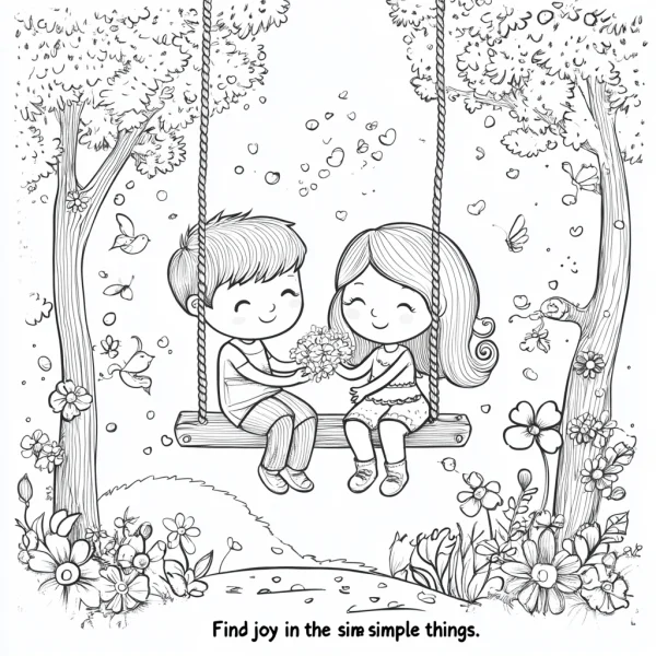 Boy giving flowers to girl on a swing, cartoon style — free printable coloring page