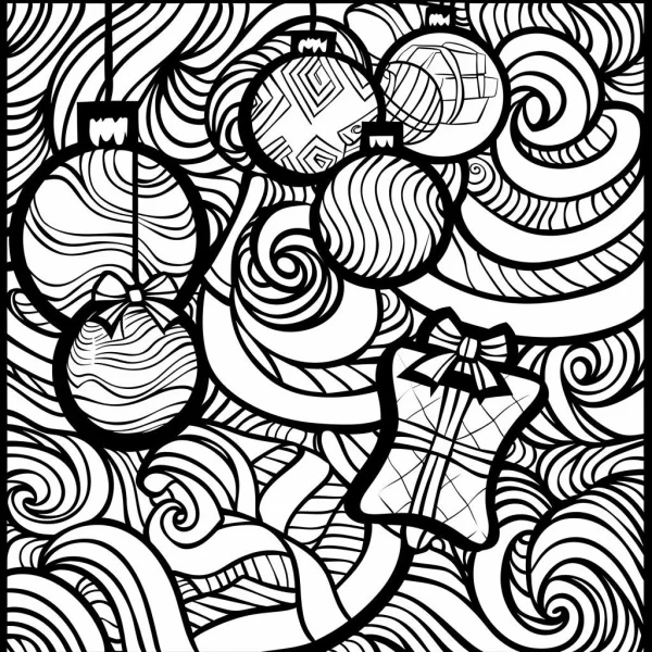Christmas ornaments and gift box, decorative art style — free printable festivals coloring book page