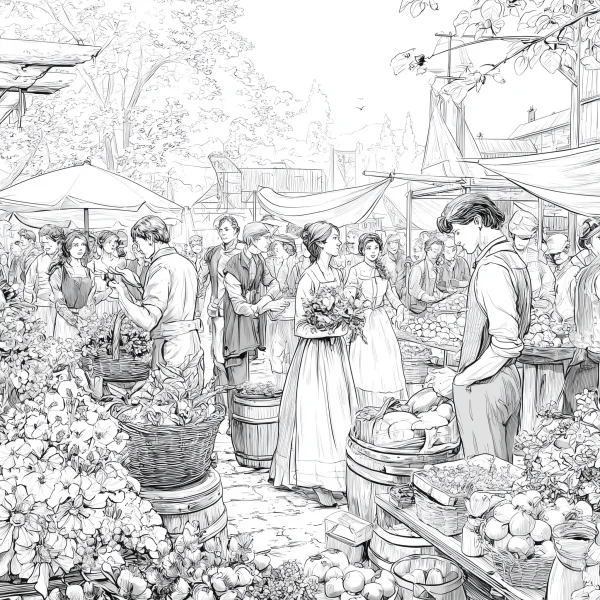 Vintage european market scene with people, vintage realistic line art style — free printable vintage life coloring book page