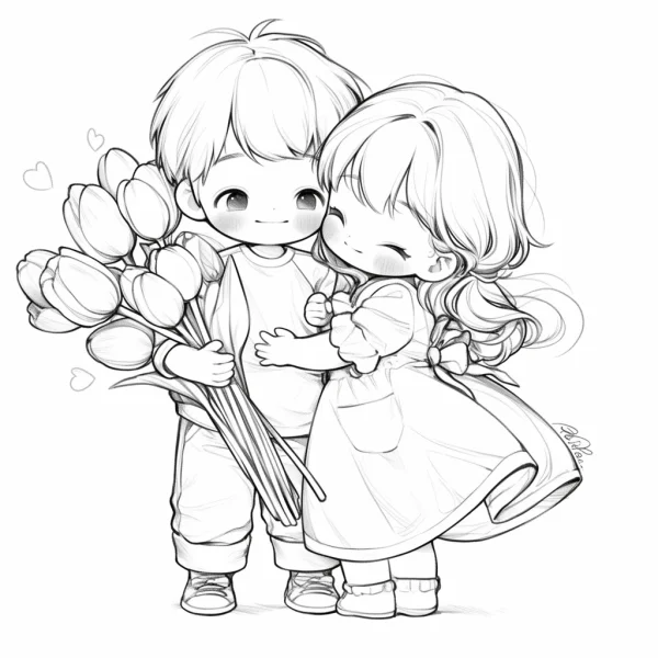 Cute cartoon boy and girl hugging, boy holding a bouquet of tulips — free printable coloring page