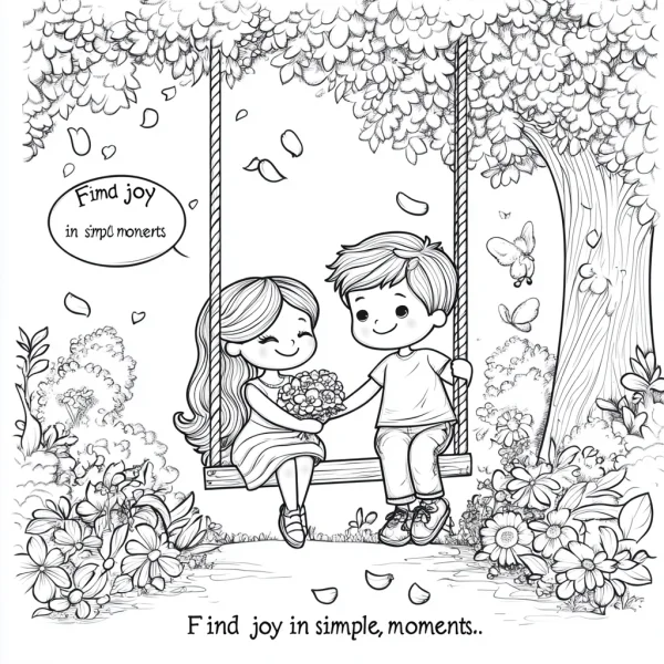 Boy and girl sitting on swing in a garden with flowers and butterflies, cartoon style — free printable coloring page
