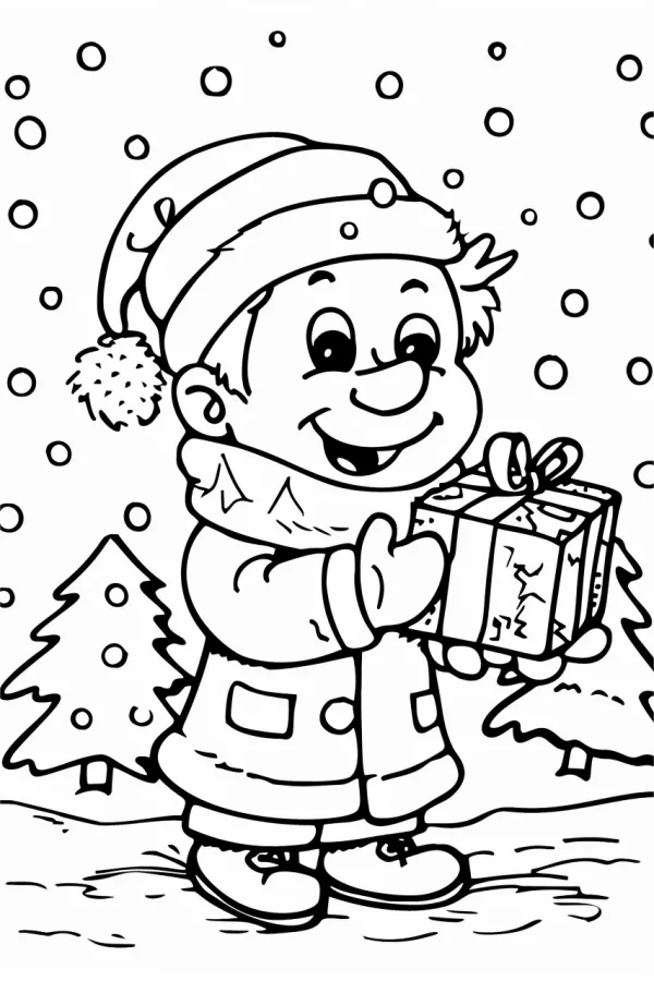 Cute christmas boy holding gift box, cartoon style — free printable coloring page