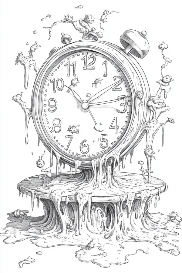 Melting vintage alarm clock, surreal style — free printable time coloring book page