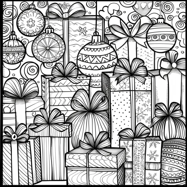 Christmas gift boxes and decorative ornaments, cartoon style — free printable festivals coloring book page