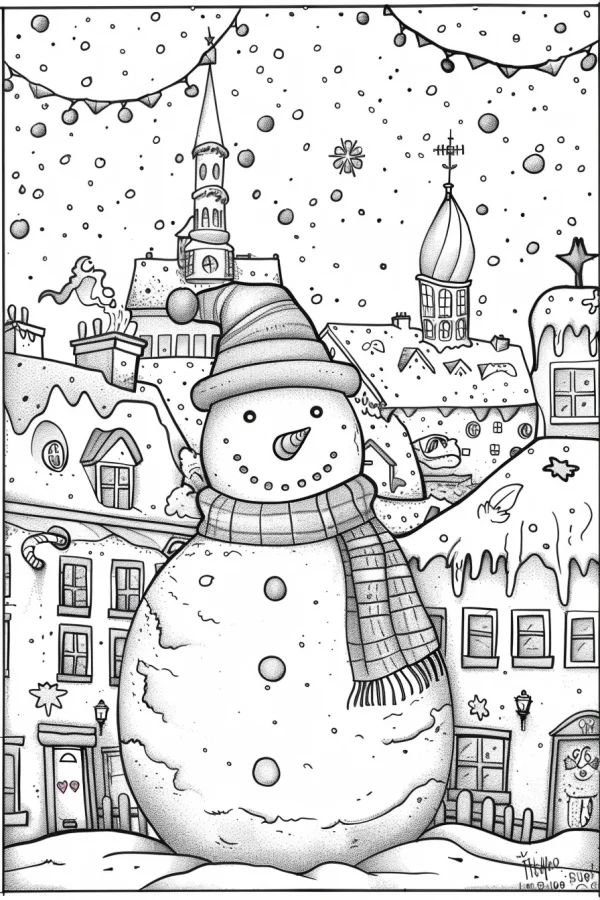 Cute snowman with striped hat and plaid scarf, cartoon style — free printable city scene coloring book page