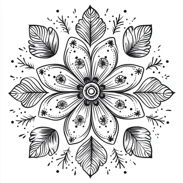 Mandala-style floral pattern, symmetrical natural design with leaves and decorative motifs — free printable coloring page