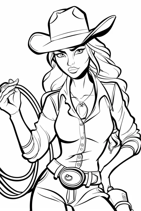 Cartoon cowgirl with lasso, western style — free printable west coloring book page