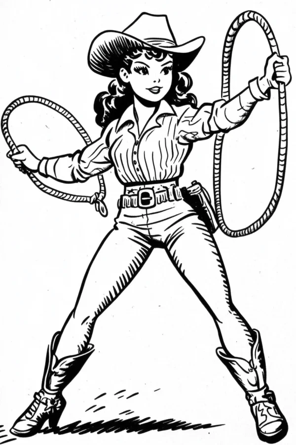 Female cowgirl holding lassos, retro cartoon style — free printable west coloring book page