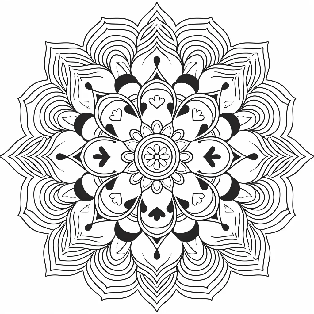 Mandala pattern with heart motifs, abstract mandala style — zentangle style — moderate detail — line art coloring page — for kids and adults of all ages