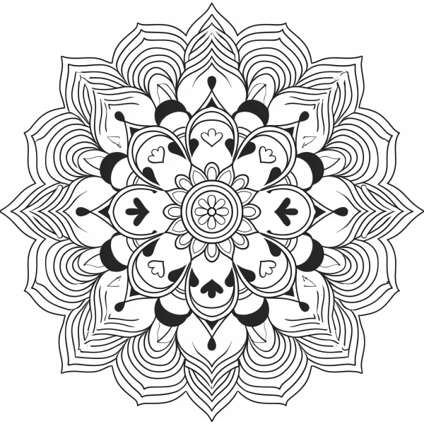 Mandala pattern with heart motifs, abstract mandala style — free printable coloring page