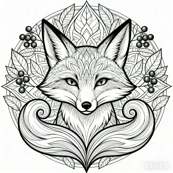 Mandala-style fox head with curled tails, surrounded by intricate leaves and berries — free printable mandala art coloring book page