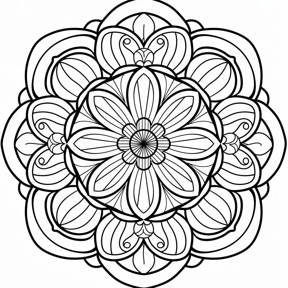 Coloring book page, mandala floral pattern — moderate detail — line art coloring page — for kids and adults of all ages