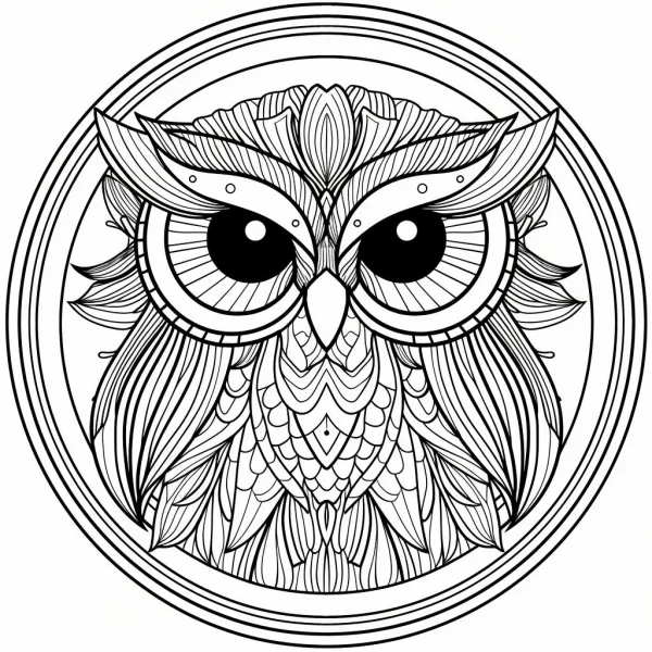 Mandala style owl head, intricate symmetrical feather patterns — free printable mandala art coloring book page