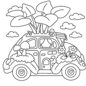 Cartoon decorated car with plants, mushrooms and flowers — free printable coloring page