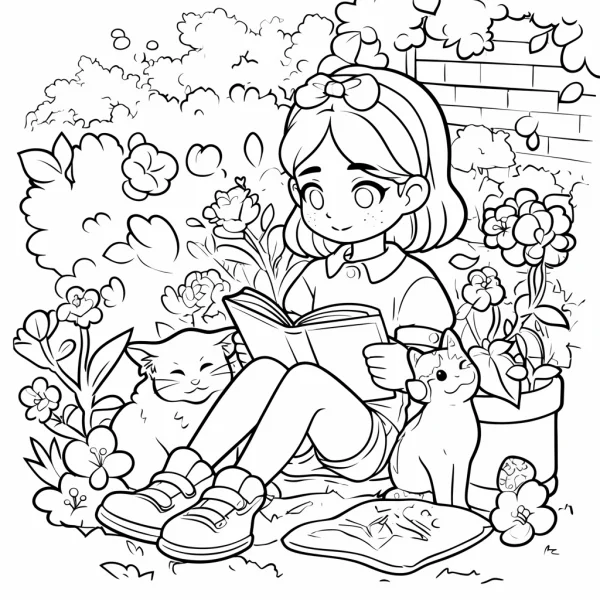 A girl reading a book with two cats in a flower garden, cartoon style — free printable coloring page
