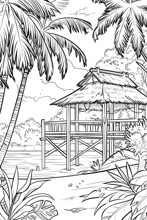 Tropical beach thatched hut, surrounded by coconut trees and tropical broadleaf plants — free printable tropical plants coloring book page