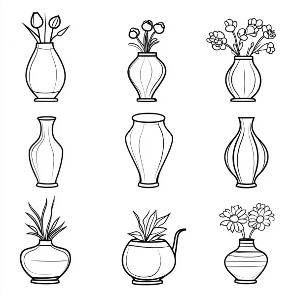 Various vases with different plants and flowers, simple line art style — free printable still life coloring book page