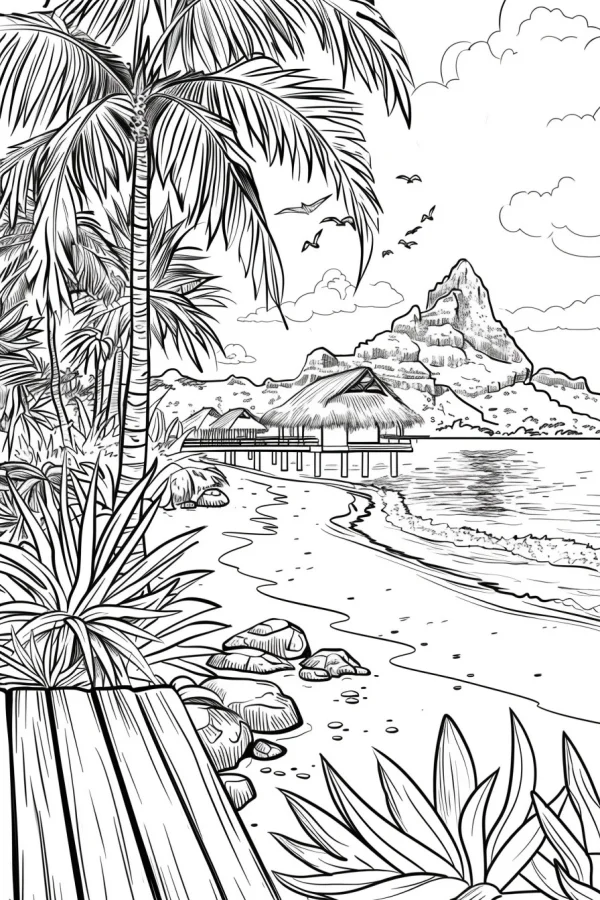 Tropical coastal landscape, fine smooth organic lines — free printable tropical plants coloring book page