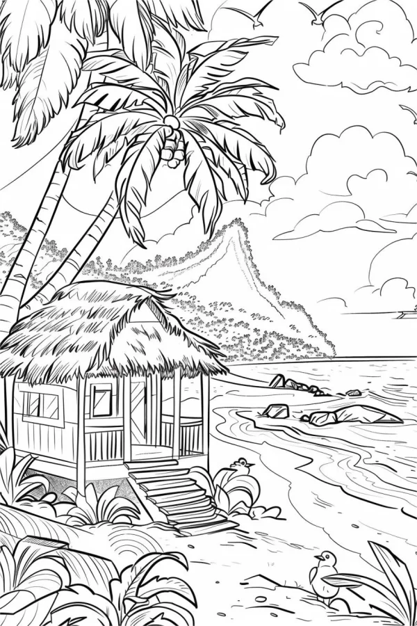 Tropical beach thatched hut, realistic line art style — free printable tropical coloring book page