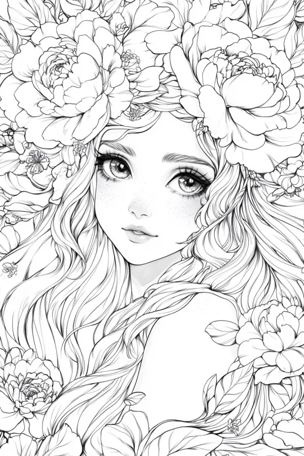 Long-haired girl surrounded by peonies, anime style — free printable character theme coloring book page