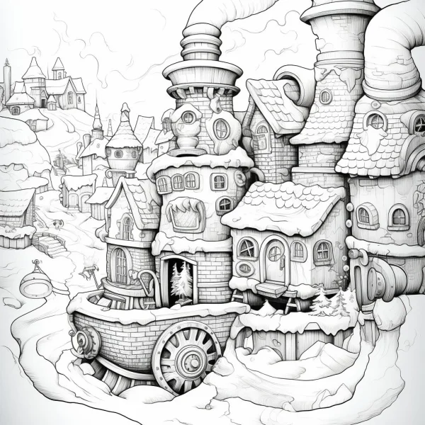 Whimsical steampunk village covered in snow, fairy tale hand-drawn style — free printable village coloring book page